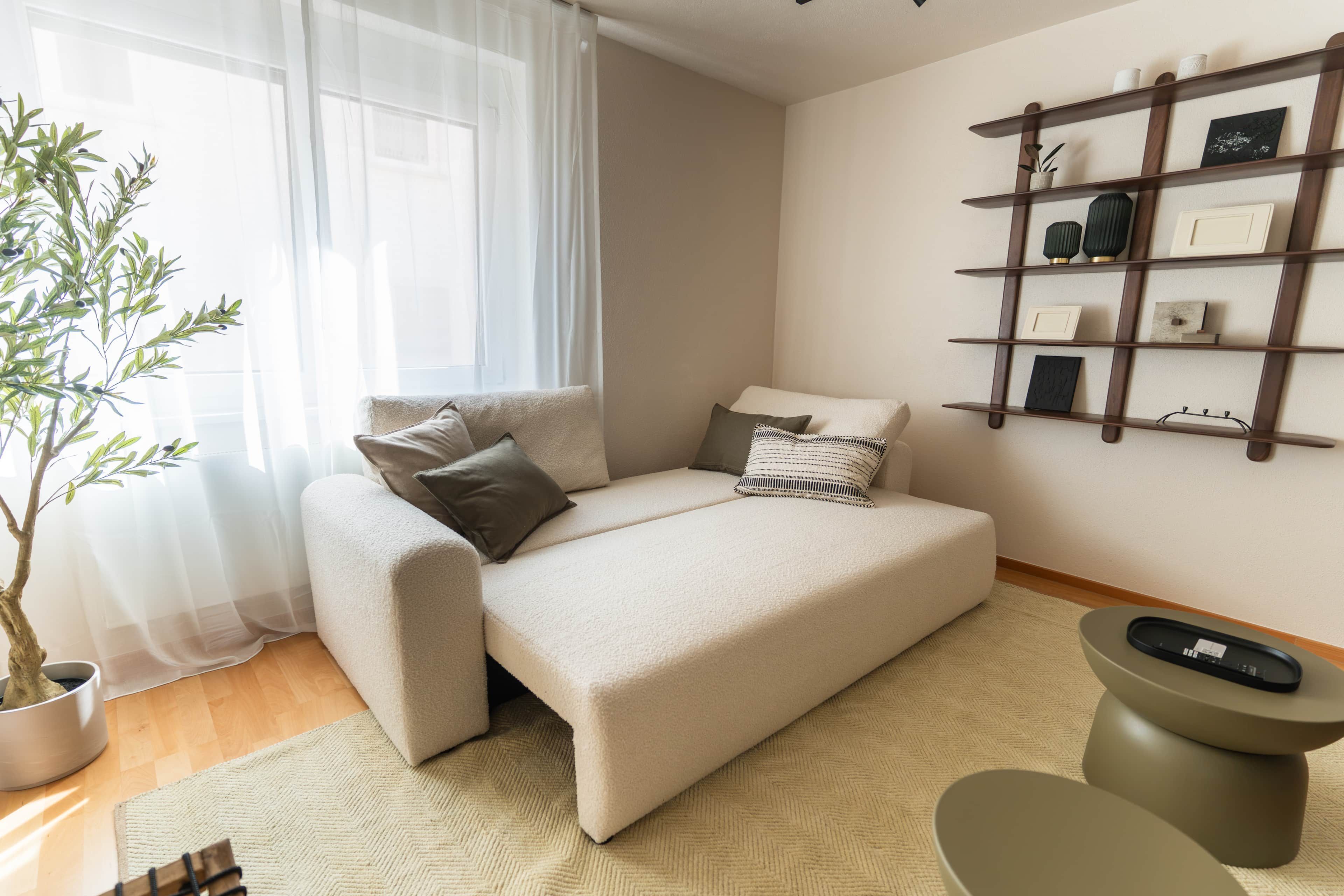 Ein modernes Wohnzimmer mit einer Couch, einem Couchtisch, einer Topfpflanze und einem an der Wand befestigten Regal mit Dekoration.