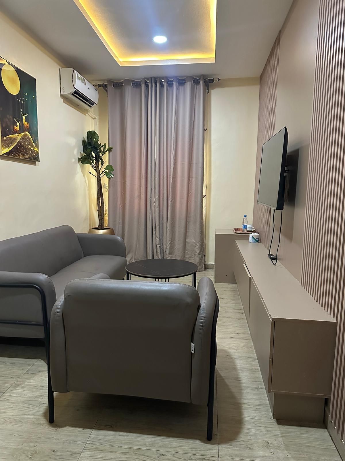 A modern living room with a sofa, a small table, a flat-screen TV mounted on the wall, and a potted plant.