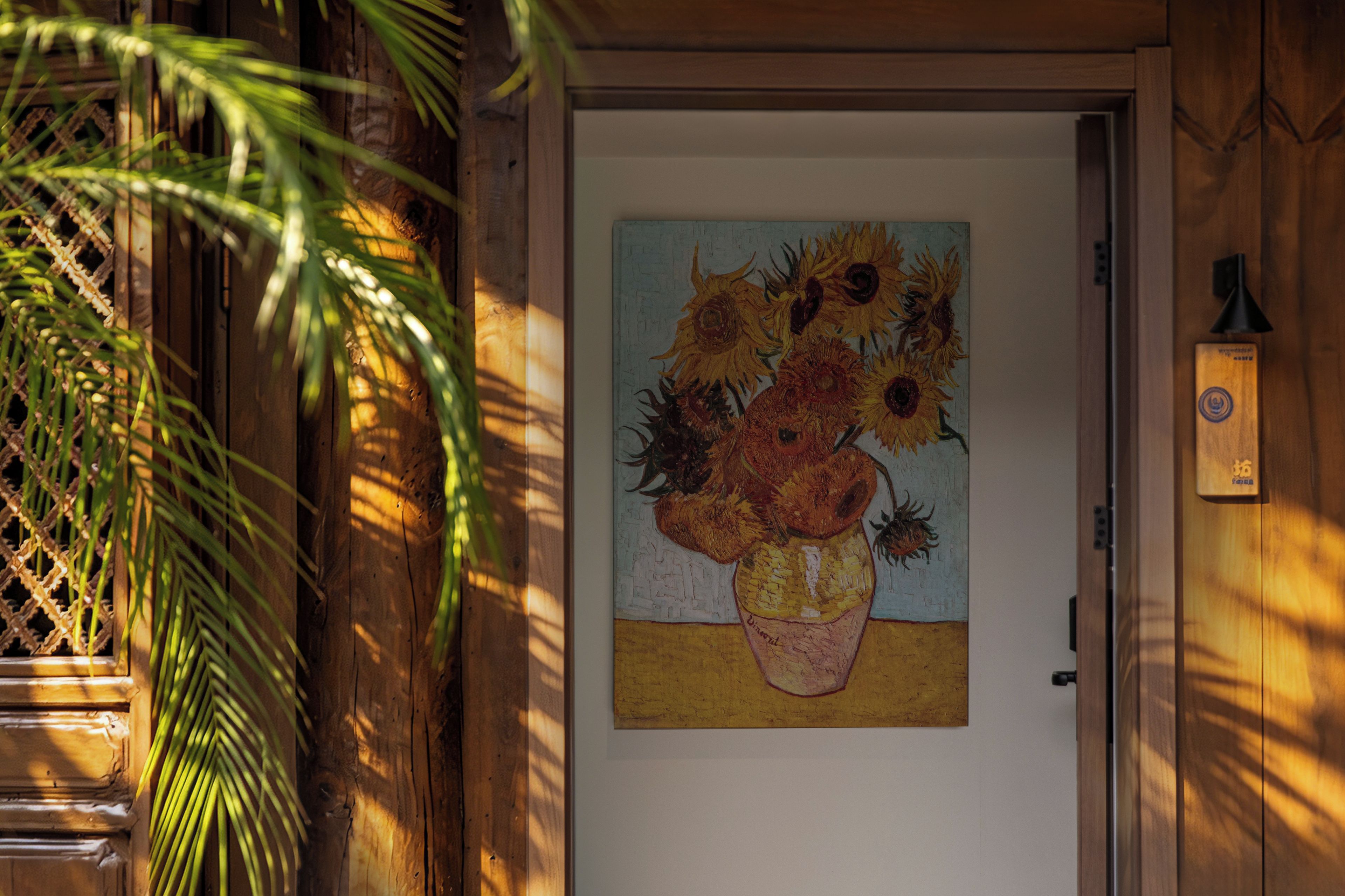 Una puerta con un bodegón de girasoles en un jarrón.