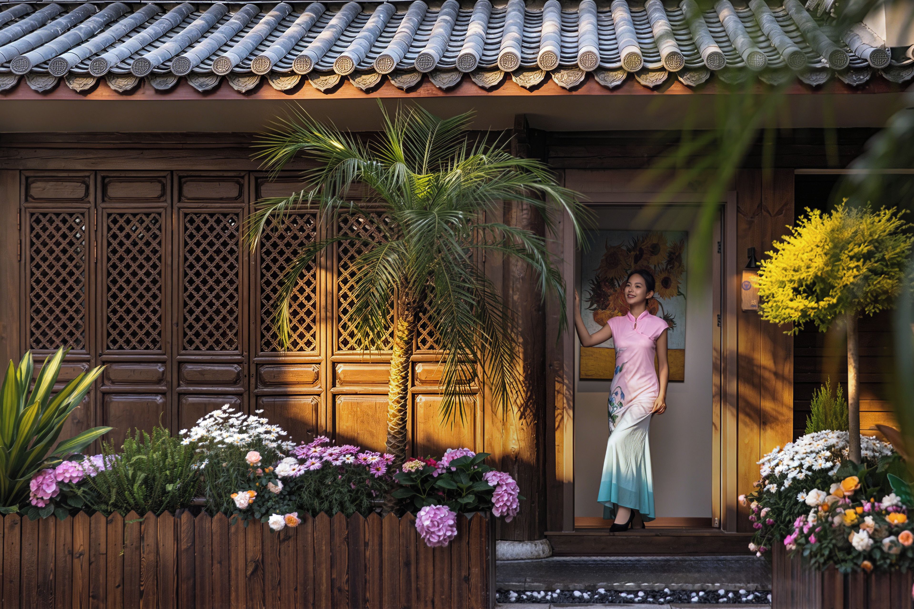 A traditional building with a tiled roof, wooden doors, and a wooden fence with flowers.