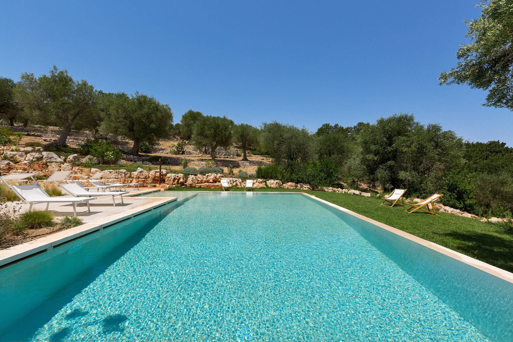 A rectangular swimming pool with clear blue water, surrounded by a grassy area with lounge chairs.