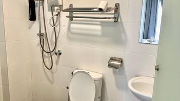 A bathroom with a toilet, bidet, and a shower with a handheld showerhead.