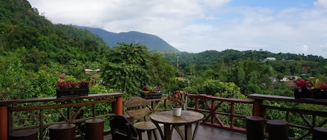 A terrace with wooden furniture and potted plants, overlooking a lush green landscape with mountains in the distance.