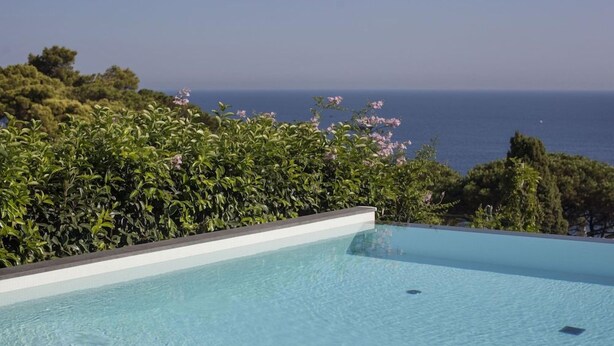 Una piscina d'aigua turquesa i transparent amb vistes a l'oceà i vegetació abundant.