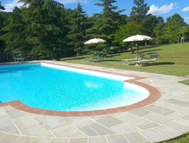 Una piscina con borde de piedra, rodeada por un área verde con sillas de descanso y sombrillas.