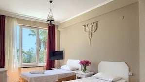 Habitación de hotel con dos camas, televisión, ventana con cortinas y un adorno en la pared.