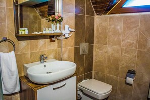 Un baño con lavamanos, inodoro y espejo sobre el lavamanos.