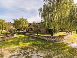 A courtyard with a stone wall, a building with a tiled roof, and a weeping willow tree. - Podere La Cavallara by Interhome (Lago di Bolsena)