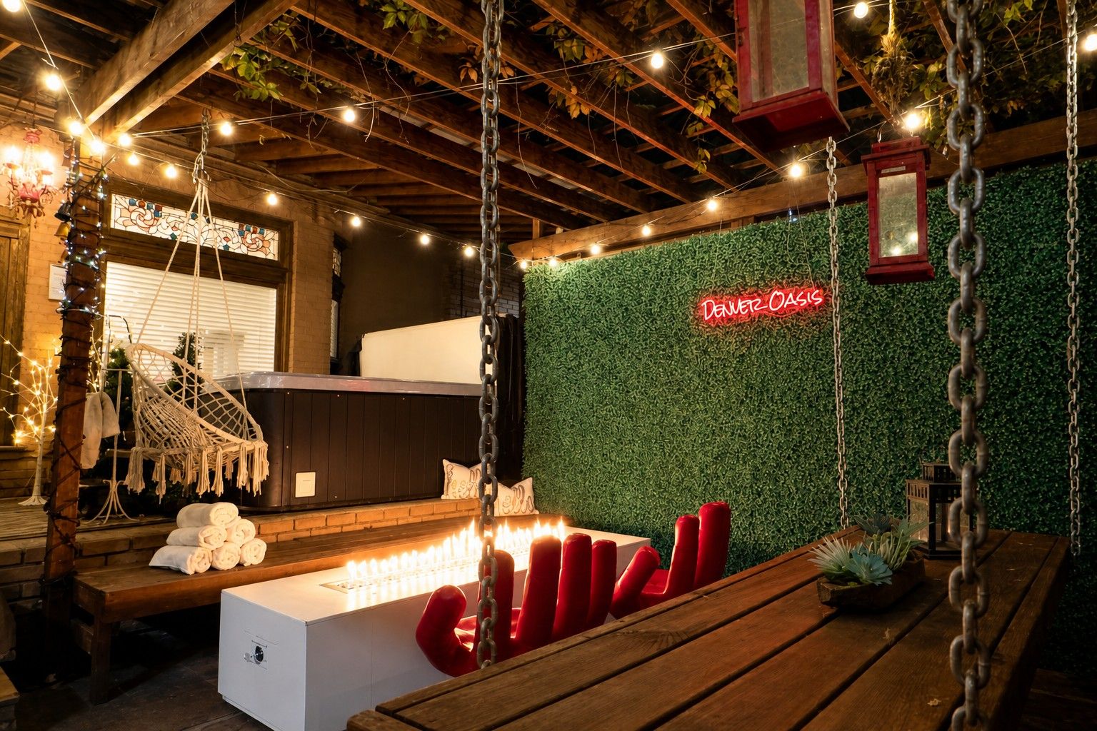 A cozy indoor setting with a swing chair, a neon sign, and a wall covered in greenery.