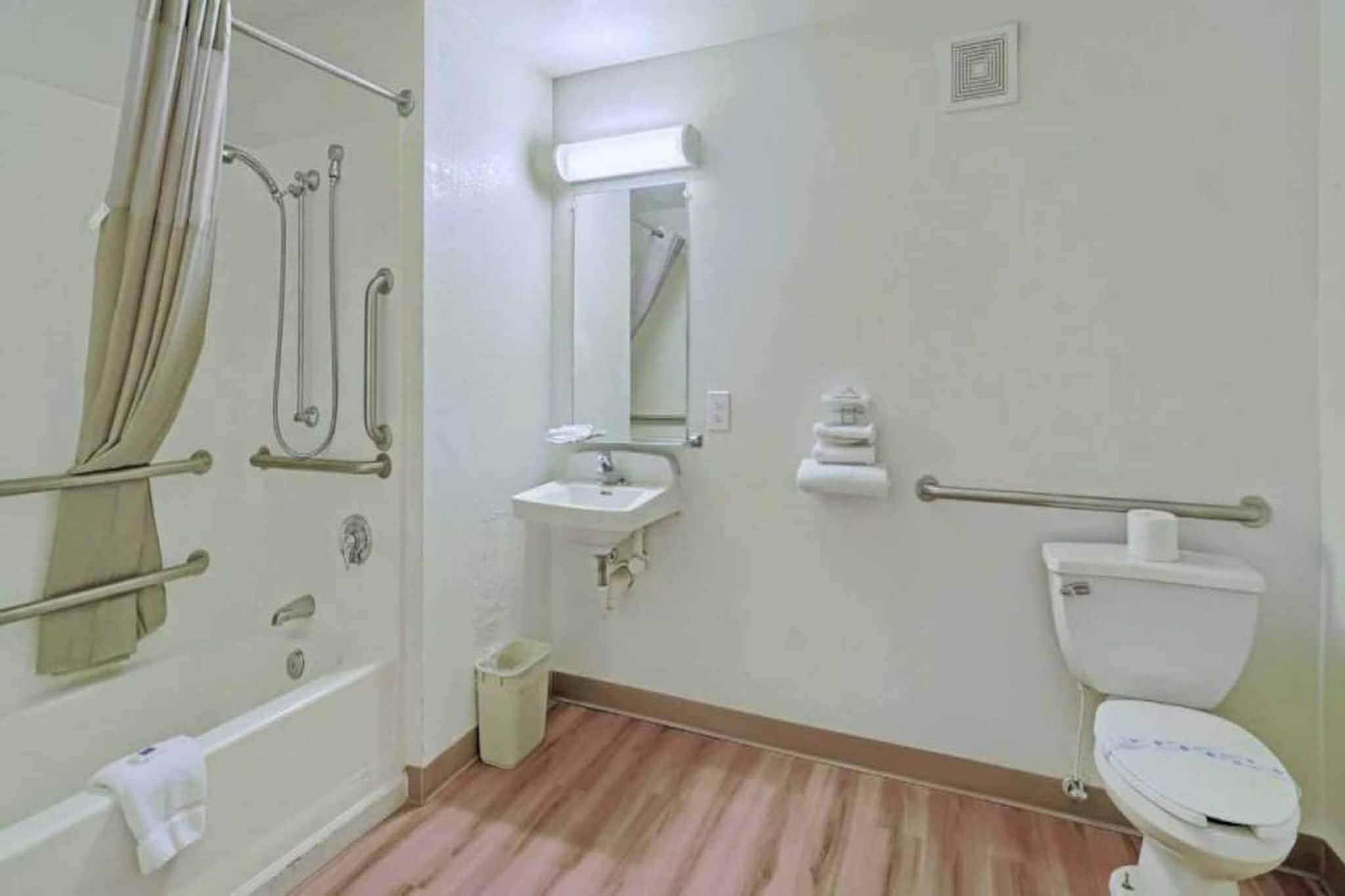 A bathroom with a shower, sink, toilet, and handrails.