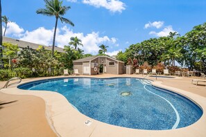 Ein Pool mit gewölbter Kante, ein kleines Gebäude mit geneigtem Dach und Palmen im Hintergrund.