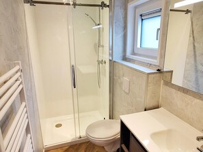 Ein modernes Badezimmer mit einer Duschkabine, einer Toilette und einem Waschbecken.
