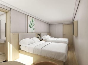 Quarto de hotel com duas camas, uma mesa de cabeceira, uma cadeira e um candeeiro fixo na parede.