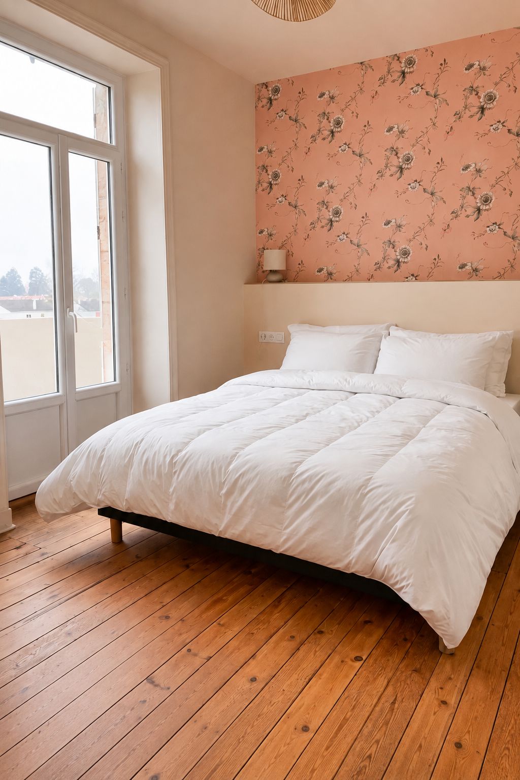A bedroom with a bed, wooden flooring, a window, and a floral wallpaper.