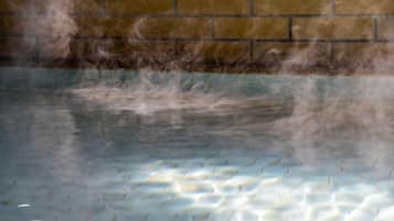 A pool with a brick wall in the background.