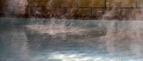 A pool with a brick wall in the background.