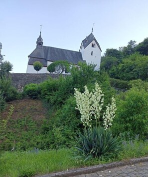 A church with a bell tower and a garden with a large white flowering plant. - Holiday home with 1 bedroom (St. Aldegund)