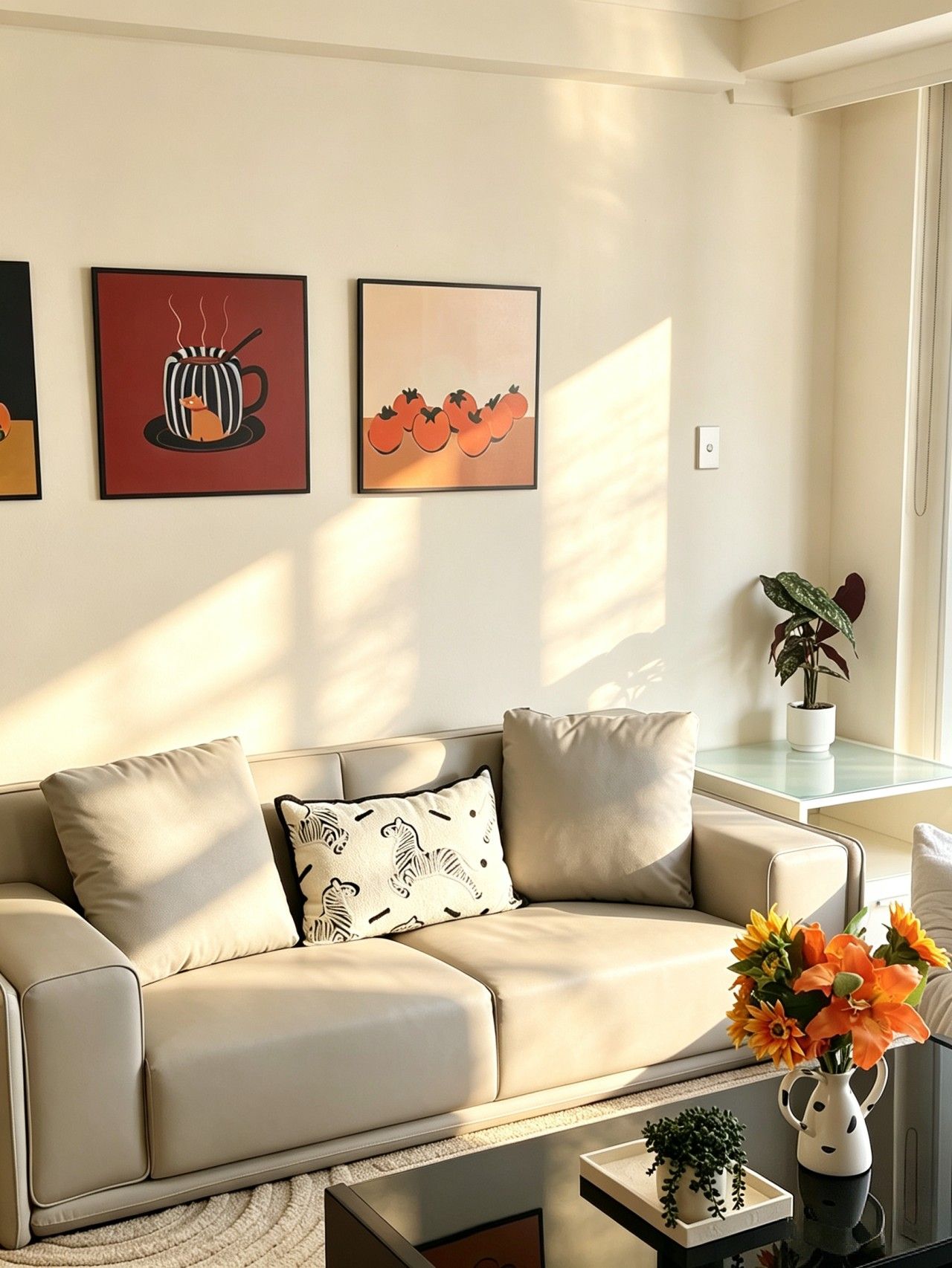 A modern living room with a beige sofa, a coffee table, and wall art.