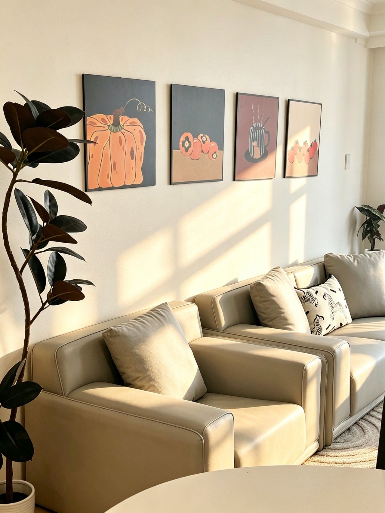 Een moderne woonkamer met een beige leren bank, een potplant en vier ingelijste kunstwerken aan de muur.