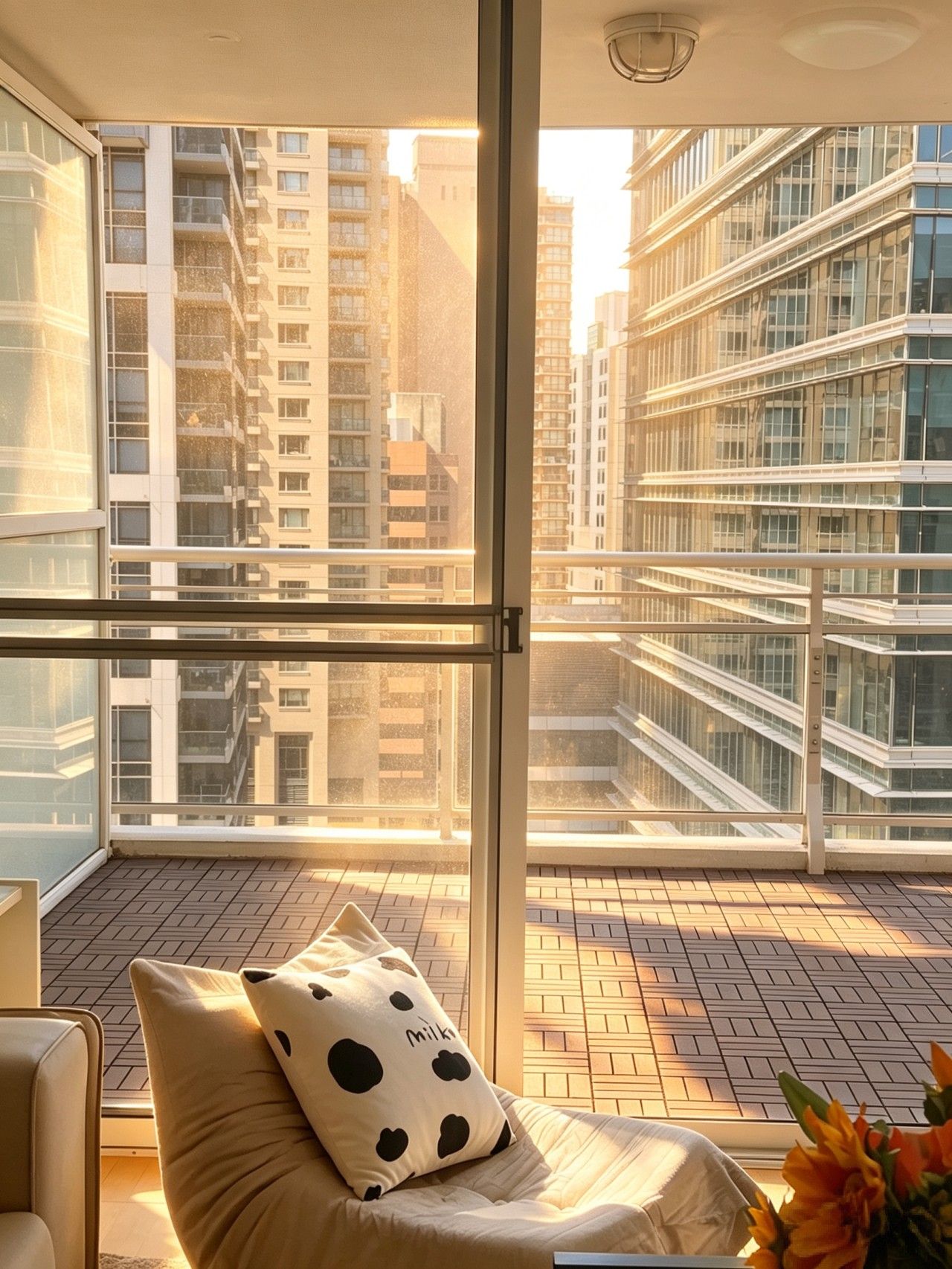 A balcony with a view of high-rise buildings, a cushioned seating area with a pillow, and a potted plant.