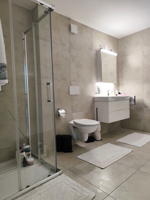 A modern bathroom with a glass shower enclosure, a toilet, a vanity with a mirror, and two white rugs on the floor.