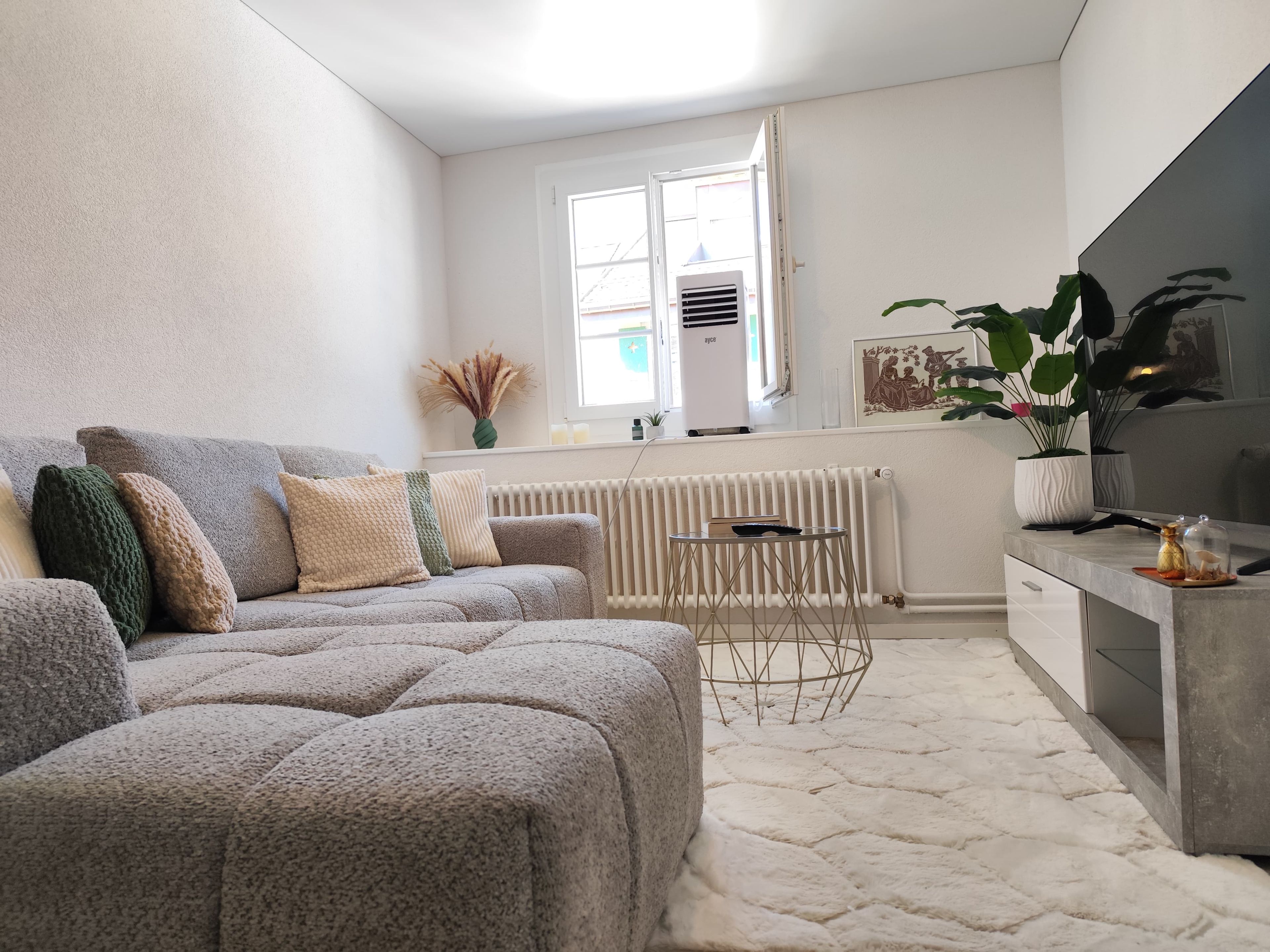 A modern living room with a grey sofa, a small round table, and a radiator.