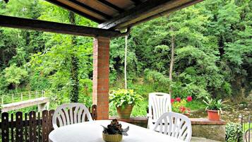 Une terrasse extérieure avec une table et des chaises, entourée de plantes en pot et offrant une vue sur une forêt verdoyante.
