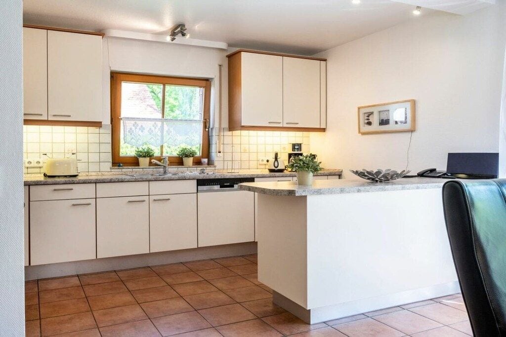 Una cocina con armarios blancos, una ventana y una encimera con una planta.