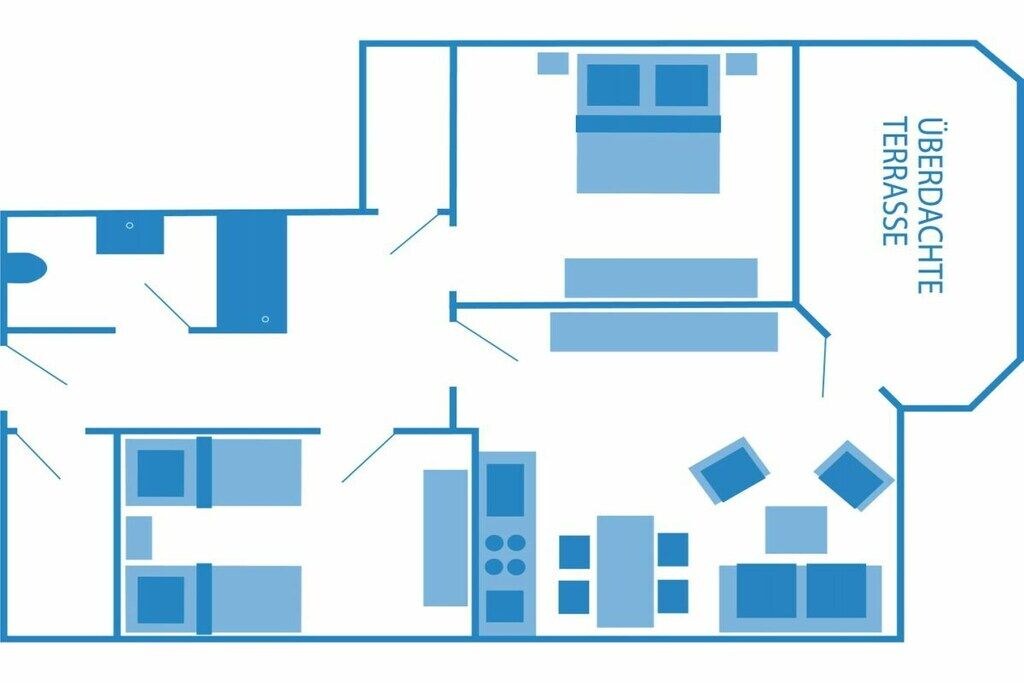 A hotel layout with multiple rooms, a terrace, and a central area with furniture.