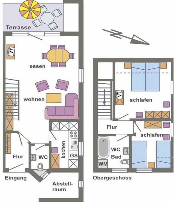A hotel floor plan with a terrace, dining area, living room, kitchen, WC, and bathroom. - 6b/T5 Holiday Park "Freesenbruch" (Zingst (Ostseeheilbad))