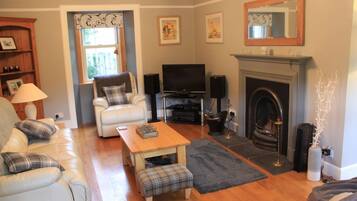 A living room with a fireplace, a television, and a sofa.