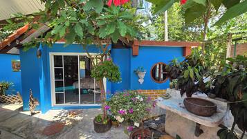 Un bâtiment bleu avec une porte en verre, des plantes en pot et un pot de fleurs suspendu.