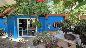 Un bâtiment bleu avec une porte en verre, des plantes en pot et un pot de fleurs suspendu.