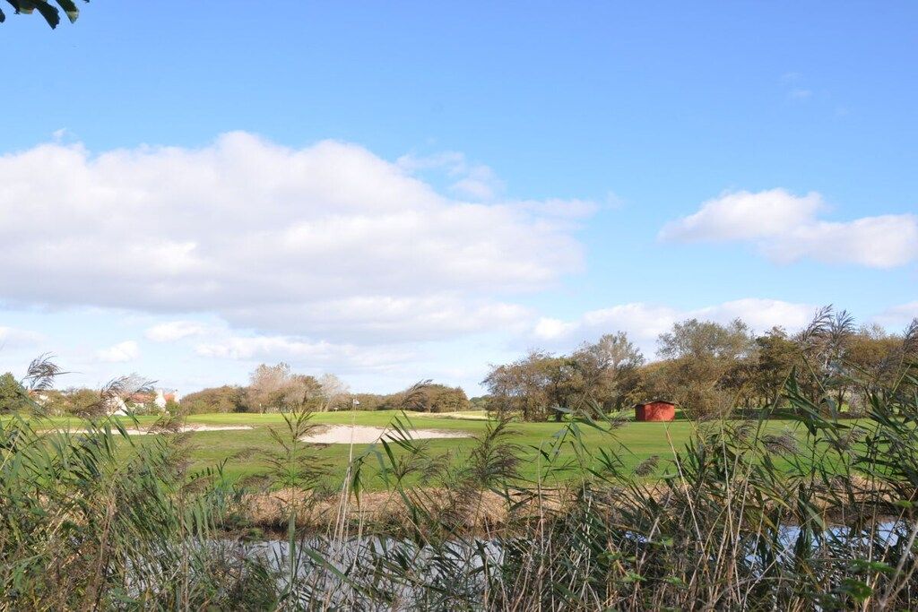 A golf course with a pond, trees, and a clear sky.