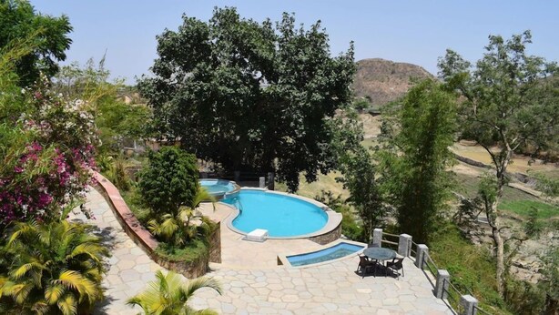 A swimming pool with a stone deck, surrounded by lush greenery and trees.