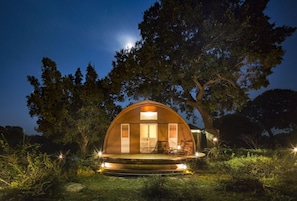A dome-shaped structure with a porch, seating area, and a door, surrounded by trees and illuminated by lights. - Leopard Nest Luxury Campsite (Yala)