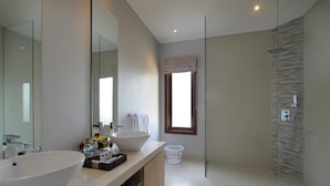 A modern bathroom with two large sinks, a mirror, a window, and a shower area.