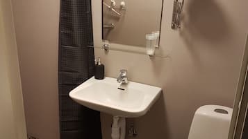 A small bathroom with a white sink, a mirror, a toilet, and a shower curtain.