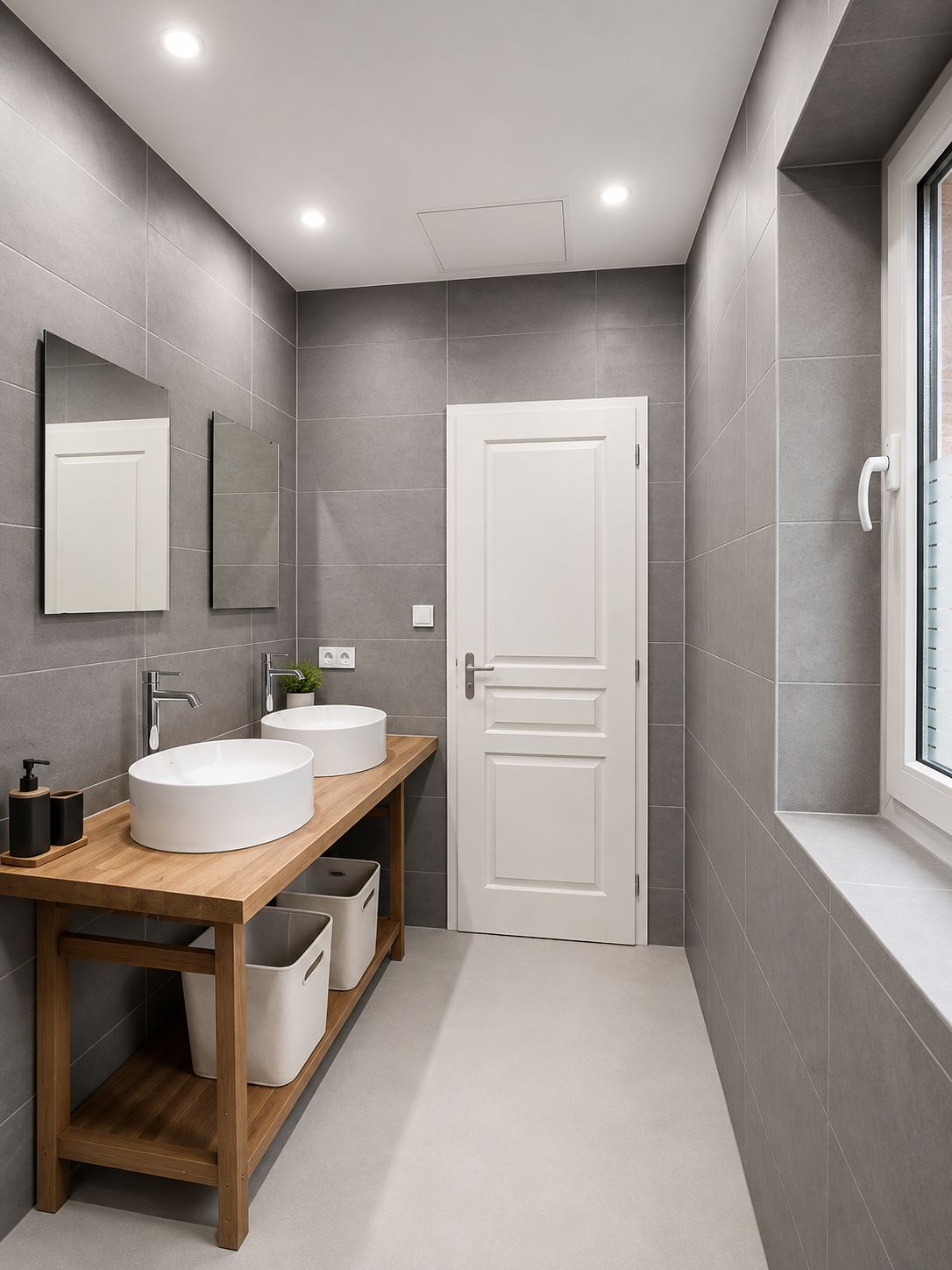 A modern bathroom with two sinks, a wooden vanity, and a white door.