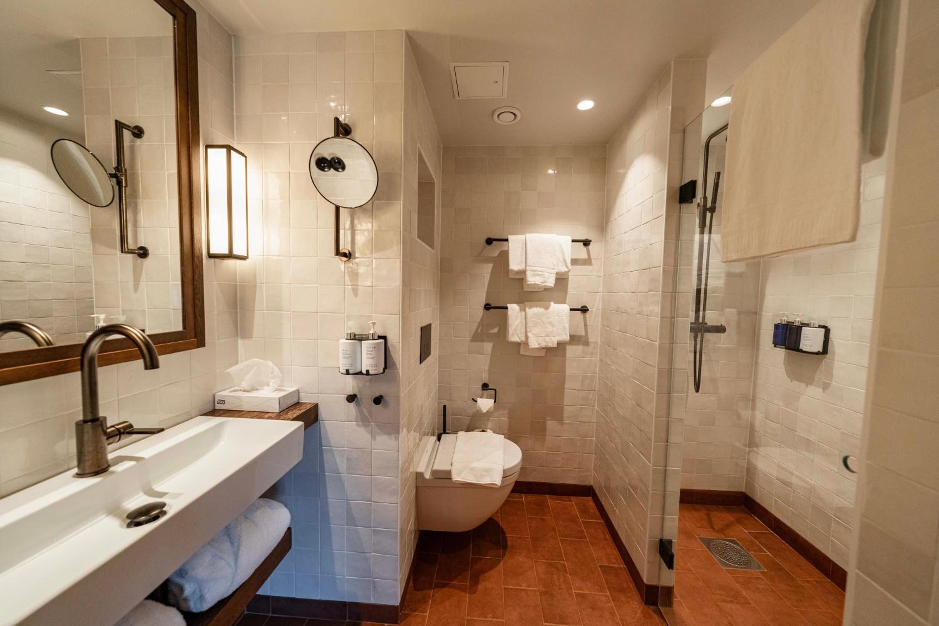 A modern bathroom with a sink, mirror, towel rack, and shower.
