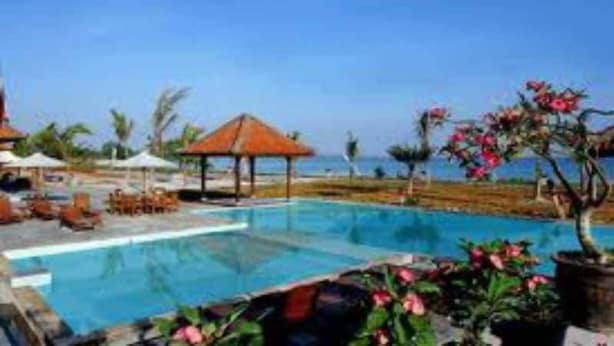 A swimming pool with lounge chairs and a gazebo, surrounded by tropical plants and palm trees.