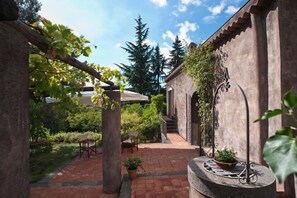 Un patio con una pérgola, un banco de piedra y una planta en maceta.