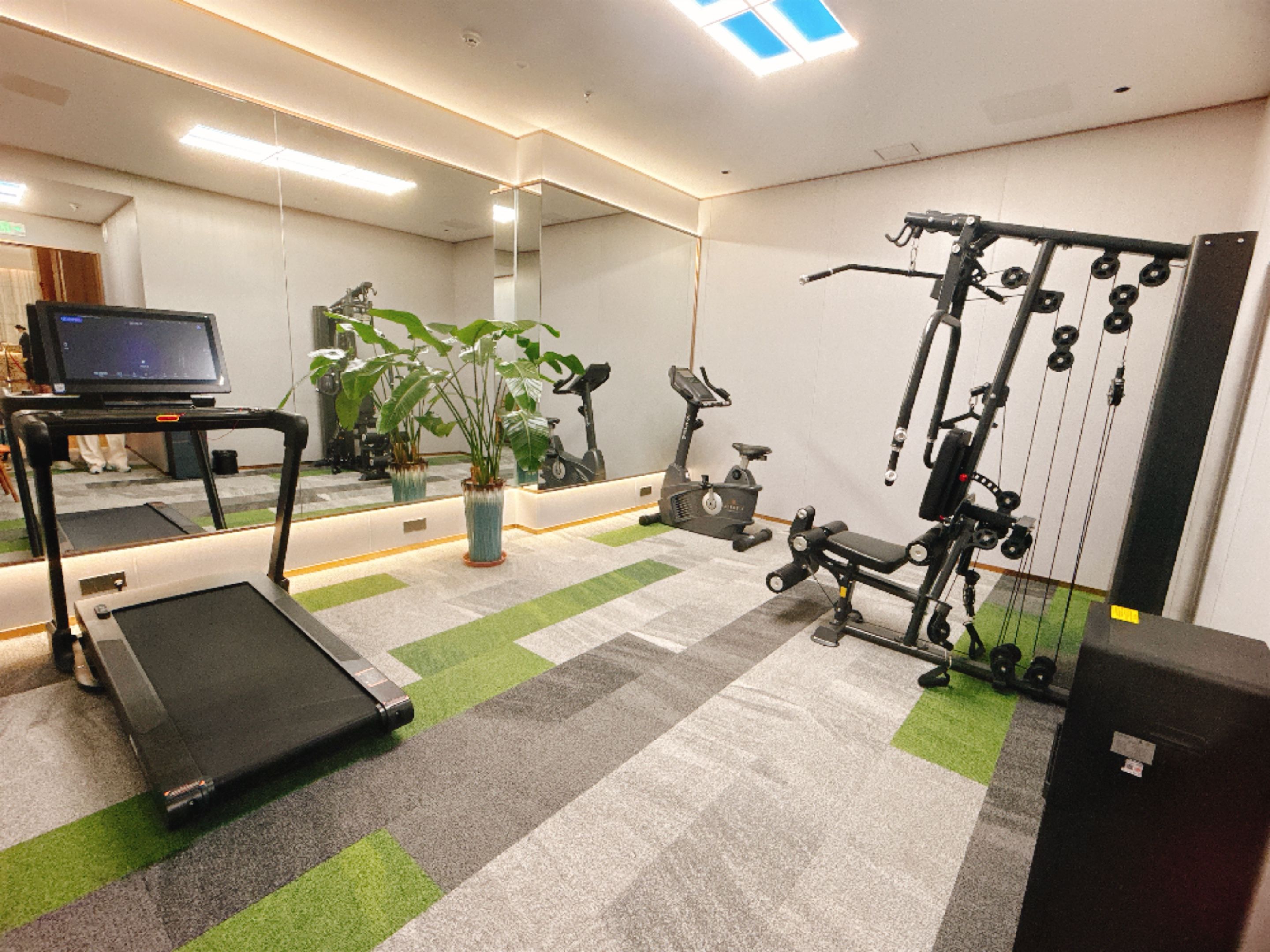 Un gimnasio con equipo de ejercicio, una cinta de correr y un espejo.