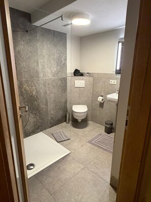 A modern bathroom with a shower, toilet, and sink.