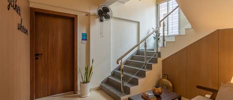 A modern interior with a wooden door, a staircase with glass railings, a potted plant, and a small table with books.