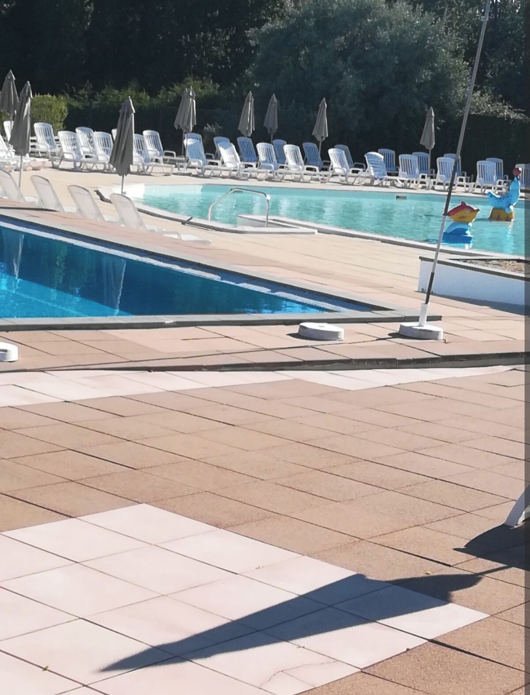 A pool area with lounge chairs and umbrellas.