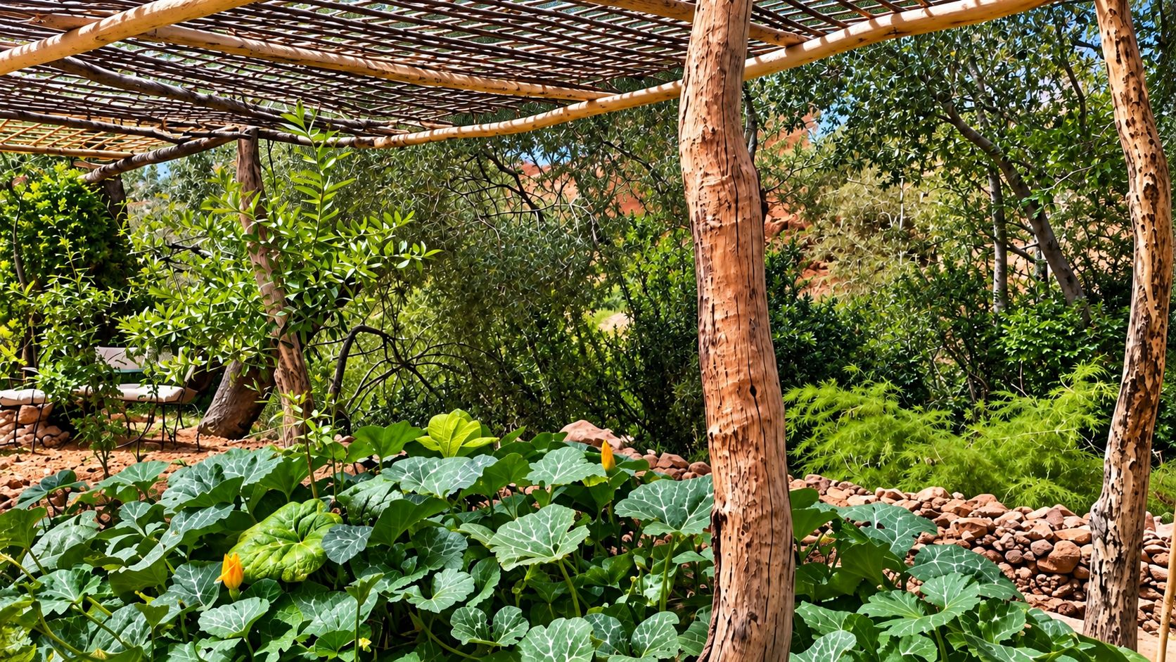 Un jardin agrémenté d’une pergola, d’un feuillage verdoyant et d’un terrain rocheux.
