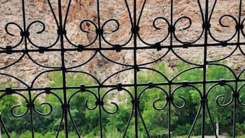 A metal gate with intricate designs, leading to a rocky outdoor area with sparse vegetation.