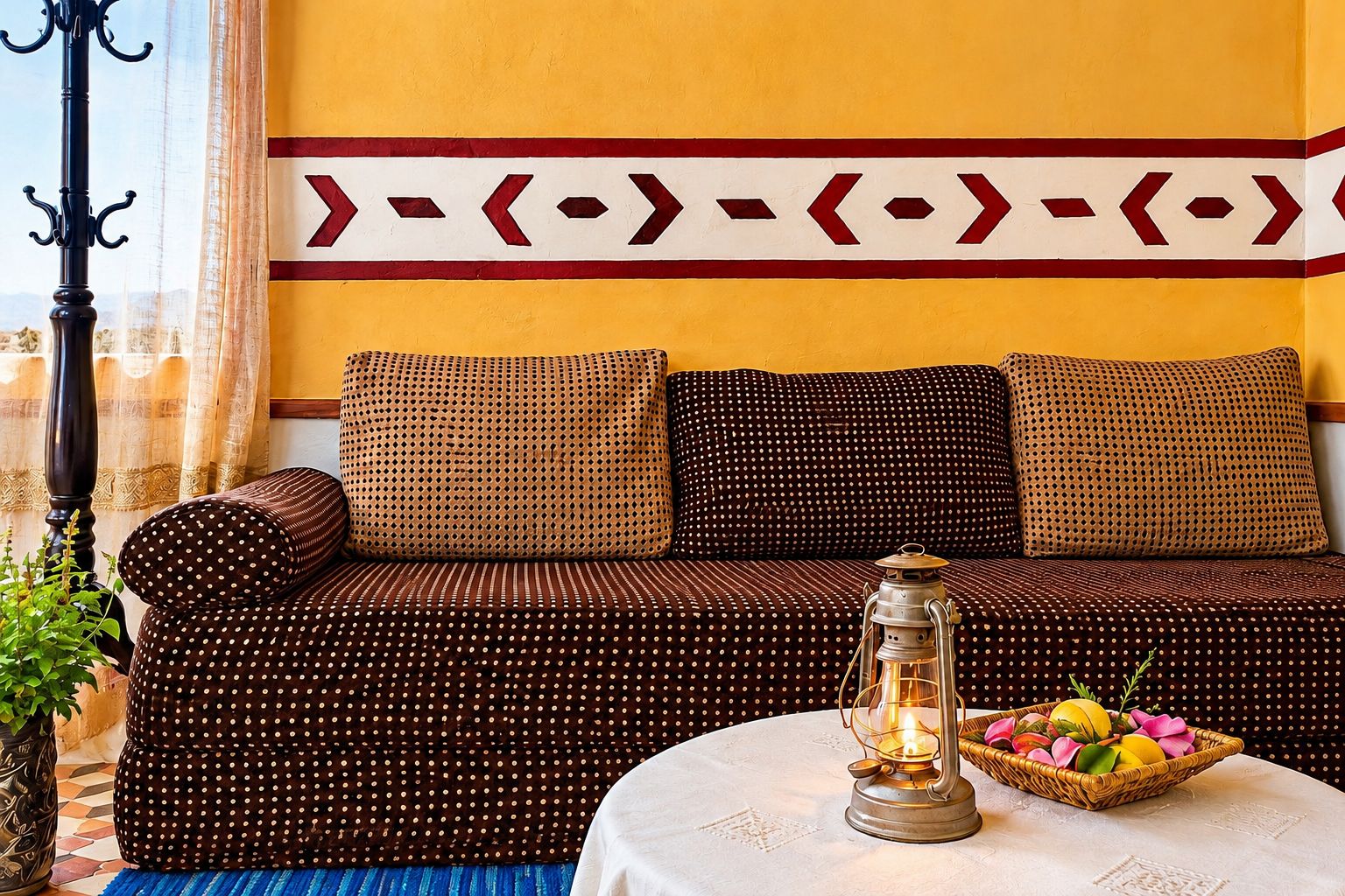 A room with a sofa set against a yellow wall, a patterned throw pillow, a table with a lantern and a fruit basket, and a window with curtains.