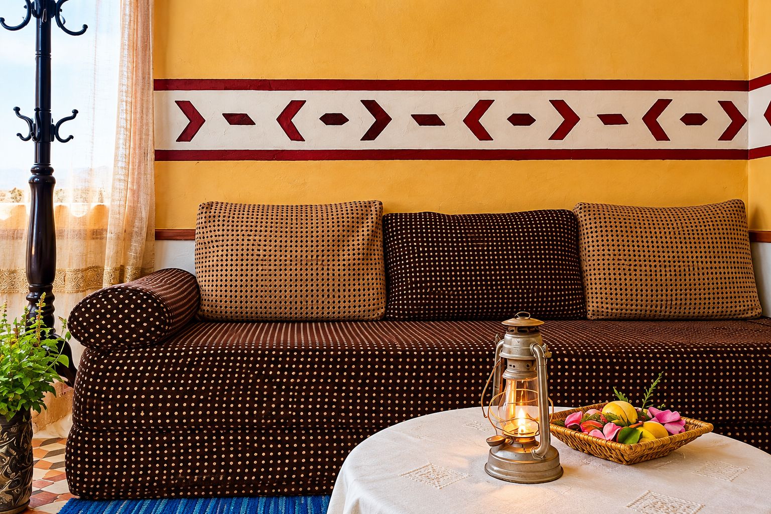 A room with a sofa set, a table with a lantern, and a decorative wall pattern.